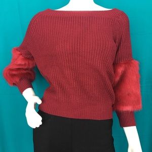 Burgundy sweater with faux fur